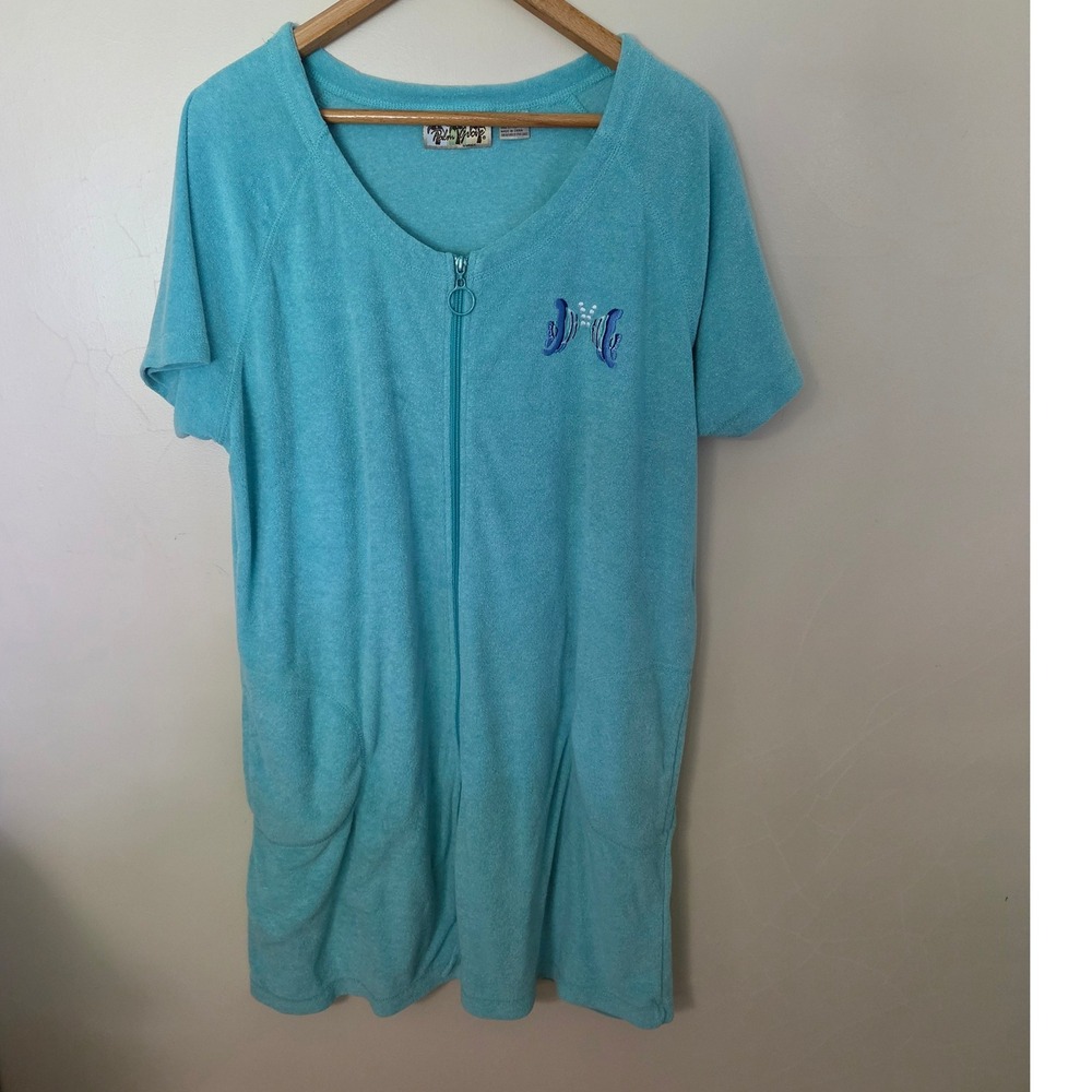 Palm Grove 1X Turquoise Terry Cloth Zip Cover Up Dress Fish Tropical Pockets